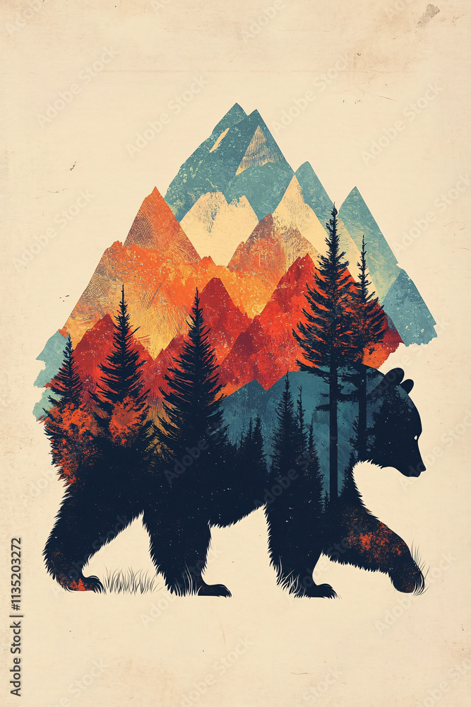 Poster illustration of a bear in the forest, with its form blending into the abstract, angular shapes of tr