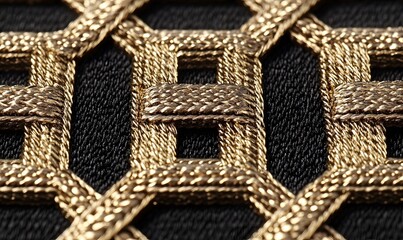 Fototapeta premium Golden woven pattern on dark fabric background.