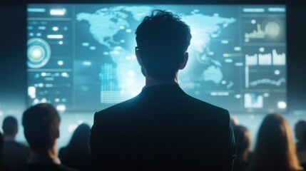 Businessman addressing audience, global data on screen.