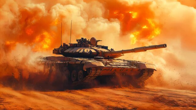 Military tank advancing in a fiery desert battlefield