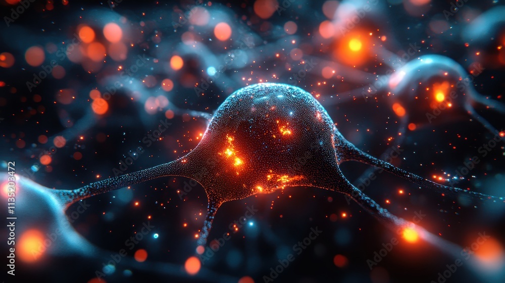 Poster abstract 3d render of glowing neural network structure with bokeh lights.