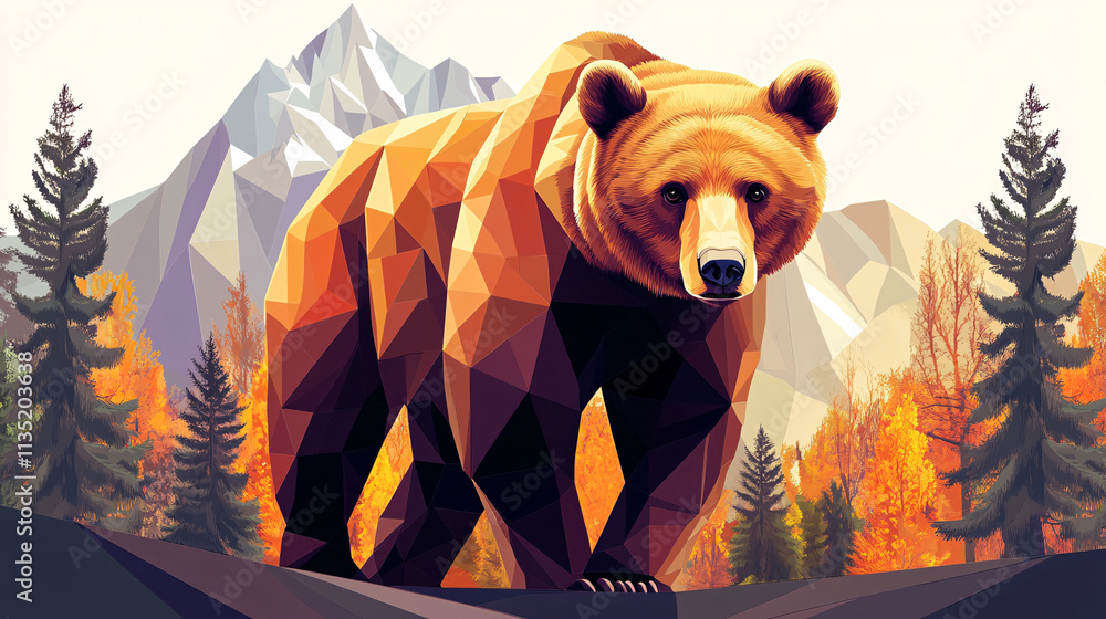 Poster illustration of a bear in the forest, with its form blending into the abstract, angular shapes of tr