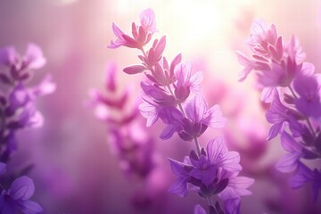 Obraz premium Purple flowers of salvia in the sunlight. Blooming beautiful sage. Selective soft focus