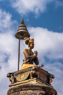 A gold plated bronze statue of the king Bhupatindra Malla at Bhaktapur Durbar Square.