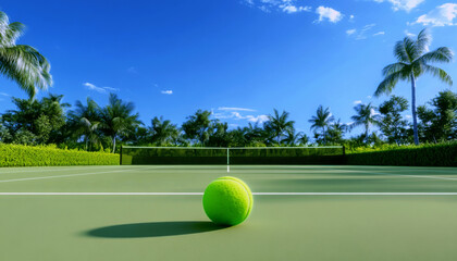 Tennis ball on court under clear sky tropical environment close-up perspective sport action