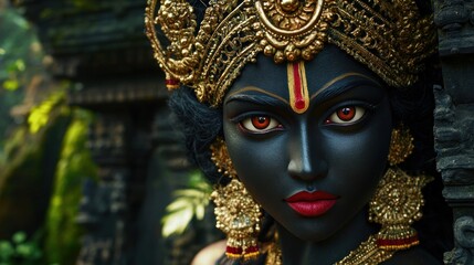 Intense portrait of a dark-skinned Krishna deity, adorned with elaborate golden jewelry and vibrant red accents, set against an ancient temple backdrop.