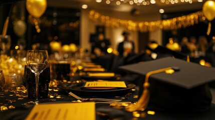 Graduation party, celebratory dinner table setting with gold decorations and a graduation cap.