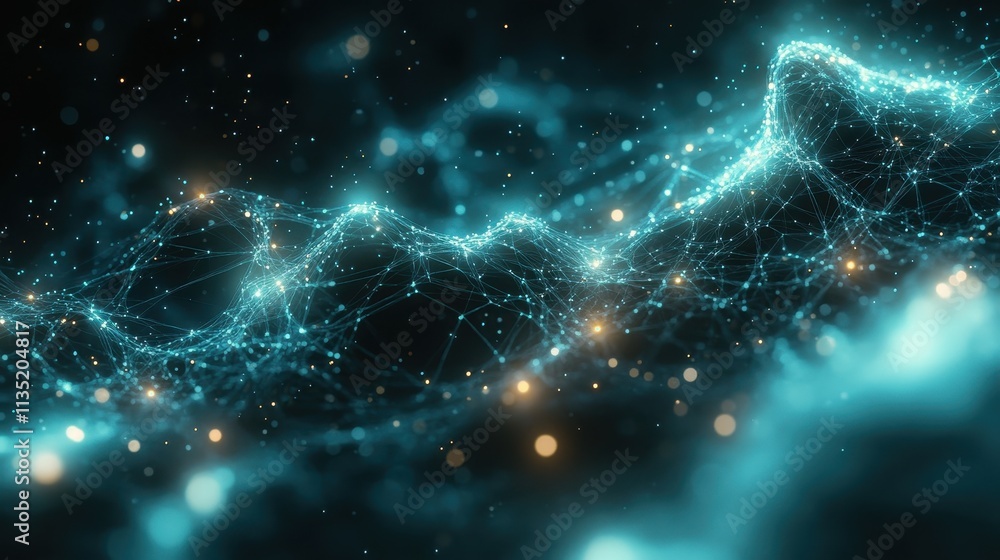 Poster abstract digital network with glowing nodes and connection lines in dark teal space.