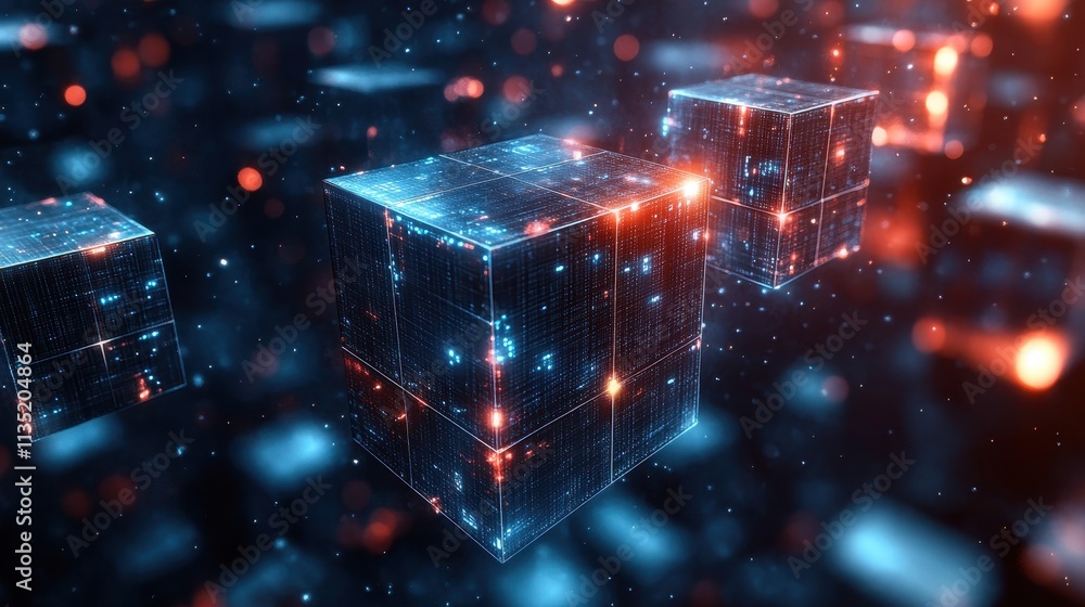 Poster abstract digital cubes floating in a deep space with bokeh light effects, futuristic technology back