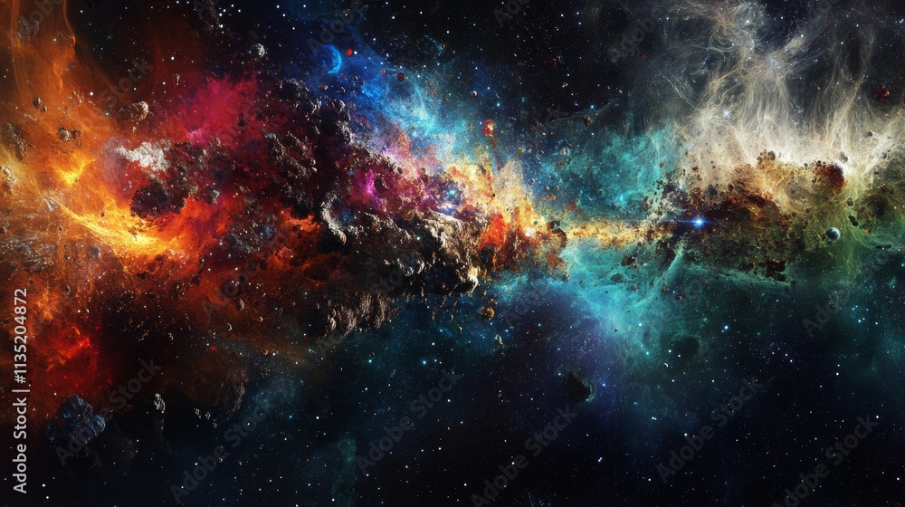 Poster a mesmerizing digital illustration of a cosmic nebula exploding with vibrant colors. bright blues, o