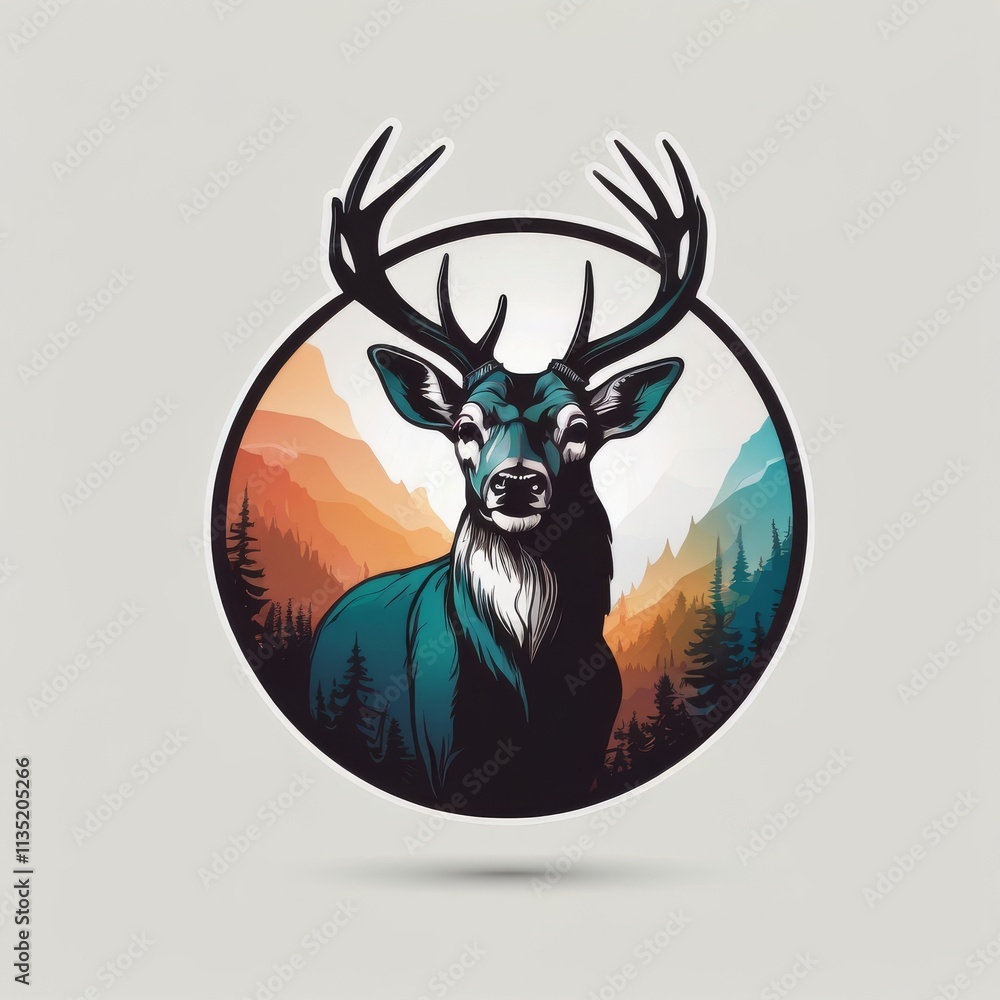 Poster a majestic deer with large antlers stands in a circular frame with a colorful mountain background.