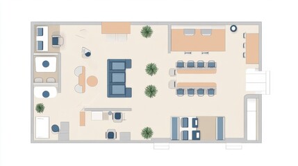 Modern Office Layout with Collaborative Spaces and Plants