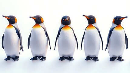 Fototapeta premium A group of stylized penguin figures standing in a row against a white background.