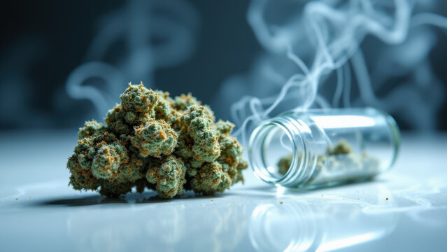 Image shows a close-up view of cannabis buds with visible trichomes, surrounded by smoke, indicating potency or use.
