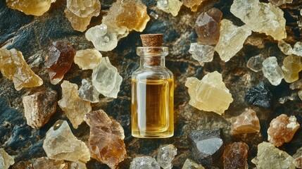 frankincense essential oil in a bottle. Selective focus.