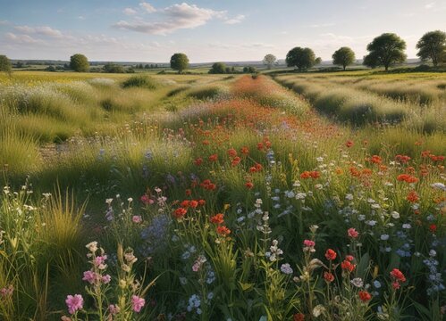A field margin with a profusion of wildflowers and grasses growing alongside a UK farm's main crop fields, agricultural practices, flowers, conservation efforts