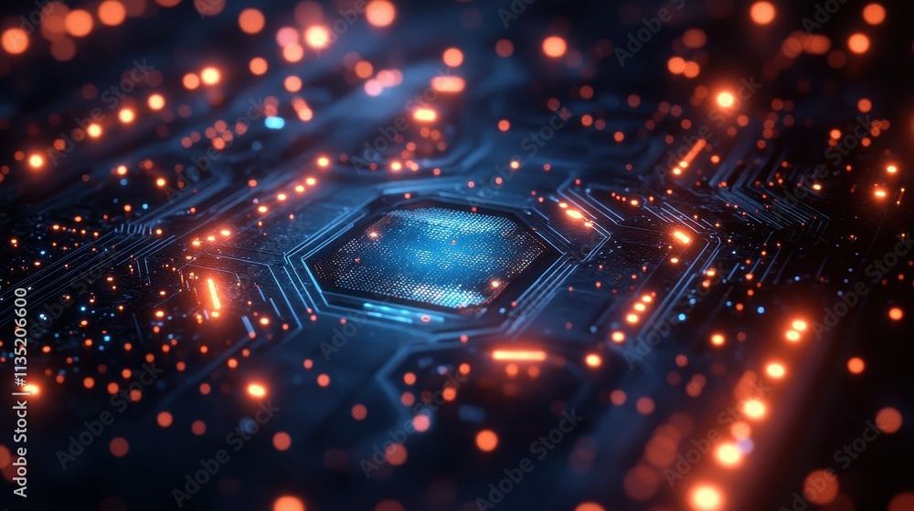Poster intricate 3d rendering of a glowing circuit board with bokeh effects, high tech background.