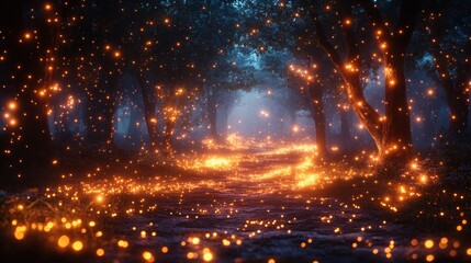 Enchanted Forest Path Lit by Magical Fireflies at Night.