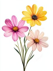 pink and yellow summer flowers on white background