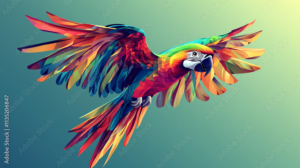 Poster illustration of a colorful parrot in flight, its feathers rendered as sharp, angular shapes in brigh