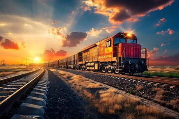 Train on the railroad at sunset. Railway station at sunset. Railway station at sunset
