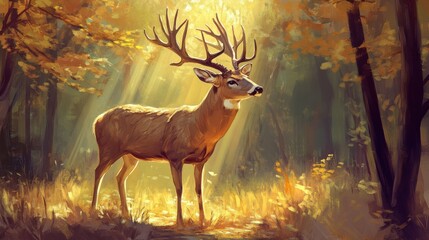 Majestic buck with antlers in serene forest clearing portrait