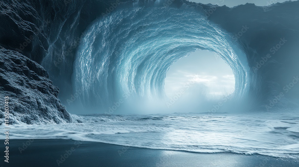 Poster a dramatic wave forms a tunnel effect against a misty backdrop.