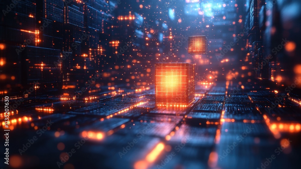 Aufkleber abstract 3d rendering of glowing orange data cubes and network on dark blue surface