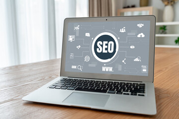SEO search engine optimization for modish e-commerce and online retail business showing on computer...