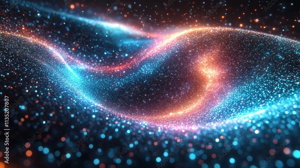 Aufkleber abstract wavy particle flow with blue and orange bokeh lights.