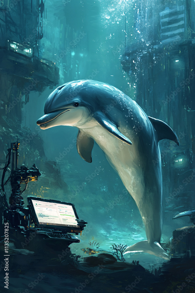 Poster illustration of a dolphin in a professional setting, using a tablet and communicating with colleague