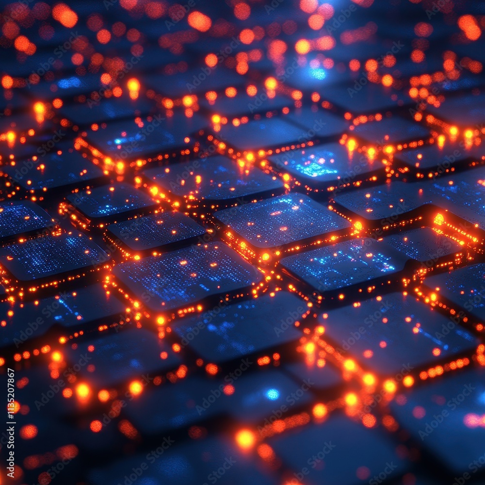 Poster abstract futuristic technology background glowing circuit board with orange and blue lights, digital