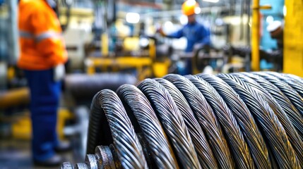 Heavy-duty wire cable in an industrial setting with workers in the background.