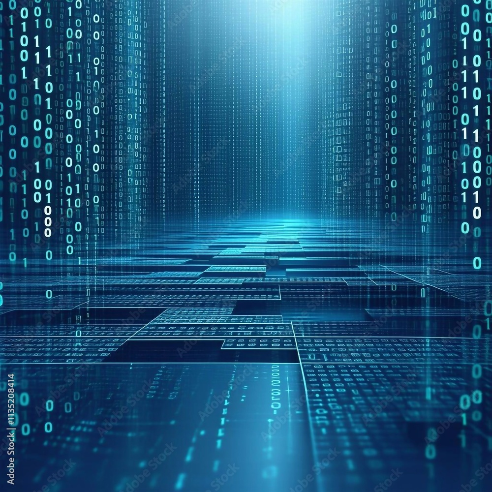 Wall mural abstract futuristic 3d background, blue cyberspace with glowing particles and lines - generative ai