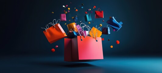 An open box with shopping bags and gift items spilling out, ideal for representing online shopping and package excitement