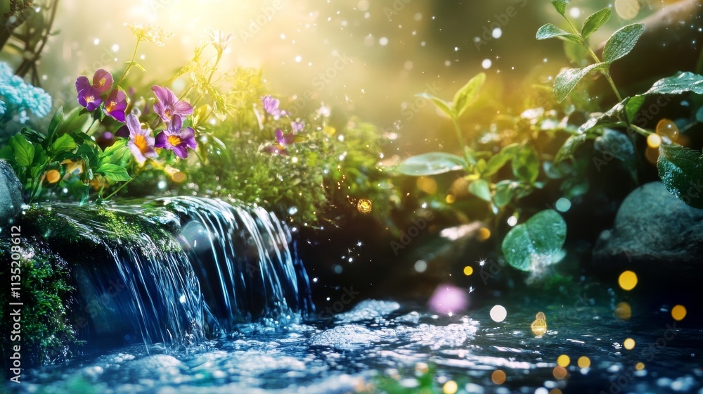 Poster a serene nature setting featuring a cascading waterfall surrounded by lush greenery and vibrant bloo