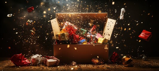 An open box with shopping bags and gift items spilling out, ideal for representing online shopping and package excitement