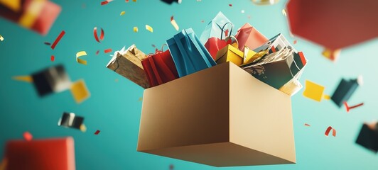 An open box with shopping bags and gift items spilling out, ideal for representing online shopping and package excitement