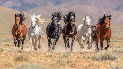 A group of horses galloping together in a natural landscape.