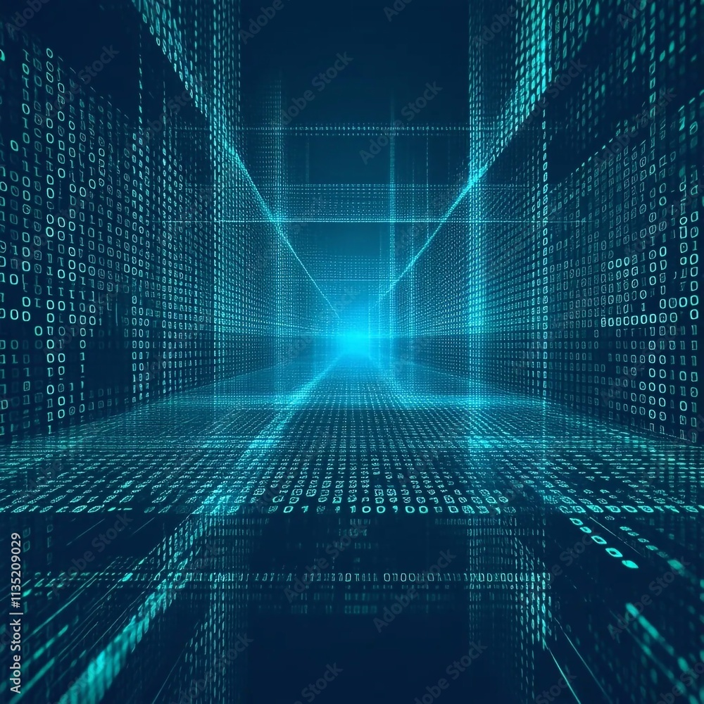 Wall mural abstract futuristic 3d background, blue cyberspace with glowing particles and lines - generative ai