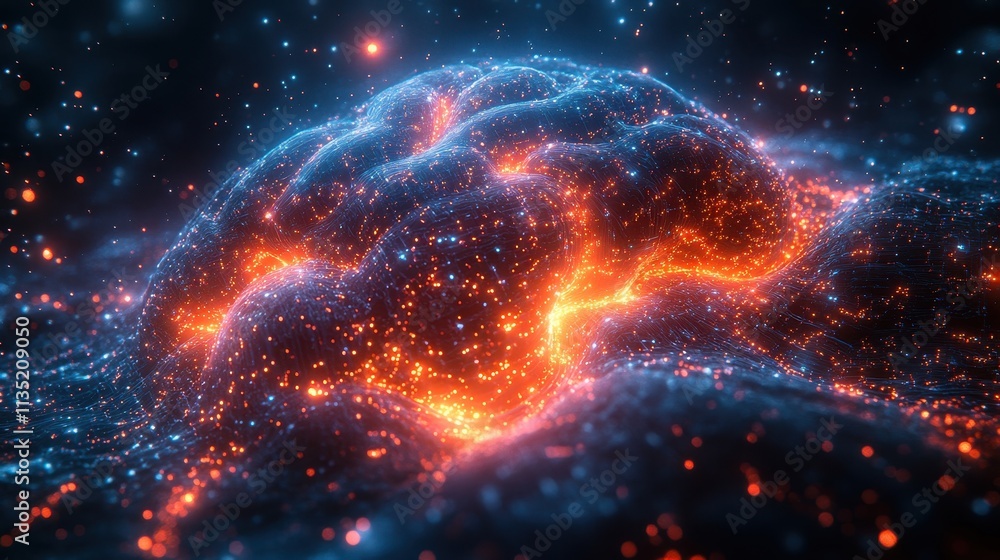 Poster glowing abstract brain structure with flowing light particles, artificial intelligence network conce