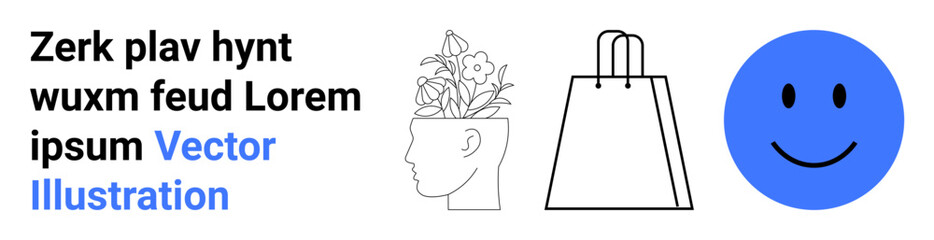 Text block, outline of a head with flowers, outlined shopping bag, and blue smiling face. Ideal for creativity, mental health, mindfulness, shopping e-commerce happiness positivity. Landing page