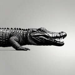 Obraz premium A detailed black and white illustration of a crocodile with its mouth open.