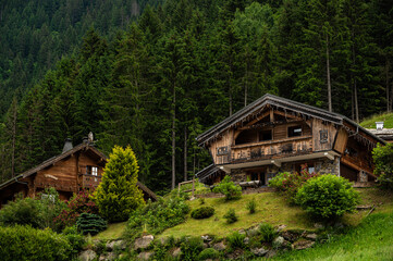 Rural house in french Alps on summer, hiking Tour du Mont Blanc. Alps, Chamonix-Mont-Blanc region, France, Europe.
