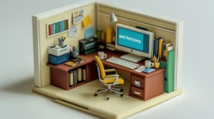 Obraz premium Miniature home office workspace with computer, desk, chair, and supplies.