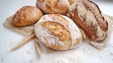 Assortment of various delicious freshly baked bread and flour ingredients on a white background, banner, copy space. Variety of artisan bread and ears of wheat. 