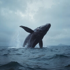 Obraz premium Powerful humpback whale breach amidst dramatic overcast seascape with distant coastal horizon with copy space