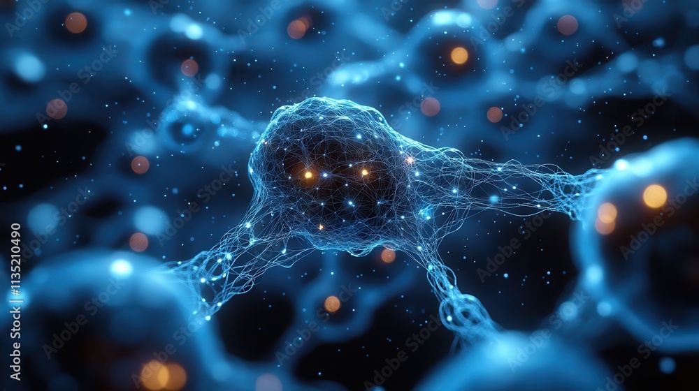 Poster abstract glowing neural network illustration with blue lines and bokeh lights.