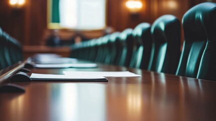Empty conference room table with documents and chairs.