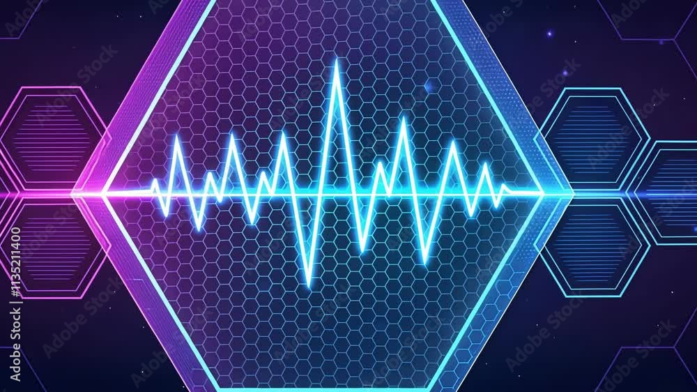 Poster pulsing hexagon a dynamic hexagon glows in shifting shades of electric blue and purple with glitch l